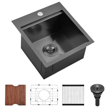 Imagem de Pia de bar de cozinha preta de 38 x 43 cm, Scamall Pia de barra pequena de 38 x 43 cm x 43 cm, calibre 16, preto fosco, para estação de trabalho, pia de bar de cozinha SM021-2SBG-2