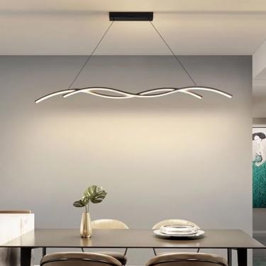 Imagem de Luminária pendente LED moderna em formato de onda para sala de jantar, com intensidade de cor ajustável de 3000K a 6000K, controle remoto e altura regulável, ideal para escritório e bar (pre