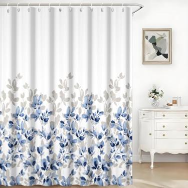 Imagem de TTQYFNM Cortina de chuveiro azul e cinza aquarela folhas botânicas natureza tecido cortina de banho para banheiro decoração de banheira fazenda planta campo impermeável conjunto de cortinas de