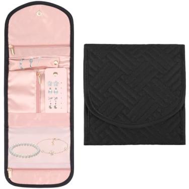 Imagem de UKQRRTC Rolo organizador de joias de viagem, estojo de joias dobrável com 5 compartimentos de armazenamento versáteis, proteção eficaz para anéis de viagem, colares, pulseiras, brincos (preto)