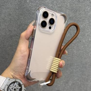 Imagem de Pulseira anti-perda com cordão, capa transparente à prova de choque para iPhone 12, 13, 14, 15, 16 Pro Max Plus, capa protetora de silicone macio, marrom, para iPhone 16