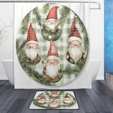 Imagem de xigua Gnomos de Natal fofos conjuntos de tapetes de cortina de banho 2 peças, conjunto de tema de banheiro (152 x 182 cm) com cortina de chuveiro e tapete antiderrapante -12 ganchos438