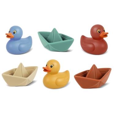 Imagem de ROHSCE Brinquedos de banho para crianças de 1 a 3 anos, brinquedos de bebê Montessori macios e texturizados, 6 a 12 meses, barco flutuante e conjunto de banheira de pato pulverizador, brinquedo