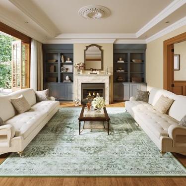 Imagem de Tapete vintage lavável 22 x 30,5 cm - Tapetes antiderrapantes antiderrapantes macios e grandes tapetes retrô para sala de estar, quarto, sala de jantar, escritório, decoração de casa, verde