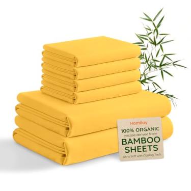Imagem de Homilay Jogo de cama Queen 6 peças 100% viscose derivado de bambu, roupa de cama macia e sedosa com bolso profundo de até 16, lençóis de cama refrescantes orgânicos e certificados Oeko-Tex, amarelo