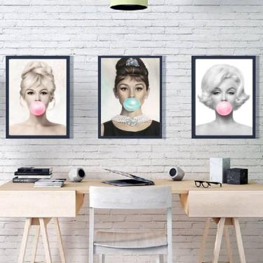 Imagem de Kit 3 Quadros Marilyn, Audrey E Bridgit Chiclete 24X18Cm