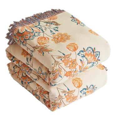 Imagem de Cobertor Boho para cama 203 x 228 cm, cobertor 100% algodão para sofá de sofá, colcha de musselina ultra macia de 4 camadas com estampa floral, cobertor/capa para decoração de sala de estar
