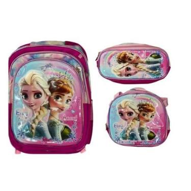 Imagem de Kit Mochila Estojo Lancheira com Personagens Escolar Infantil, FROZEN
