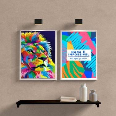 Imagem de Kit 2 Quadros Leão Colorido - 45x34cm - Madeira Branca