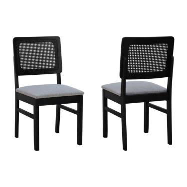 Imagem de Kit 2 Cadeiras Madeira Maciça Lyon Encosto Telinha - Preto Assento Estofado Linho Cinza Mescla Impermeável