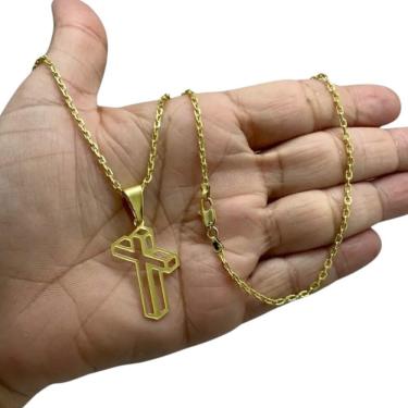 Imagem de Cordão 2Mm Cadeado + Pingente Cruz 3D - Banhado A Ouro