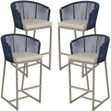 Imagem de 04 Banquetas Noronha Em Alumínio E Corda Náutica Trama Azul Marinho