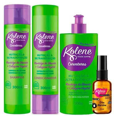 Imagem de Kit Shampoo Kolene 300ml, Condicionador Kolene 300ml, Creme Pentear Kolene 500ml E Óleo Nutritivo Kolene 45ml