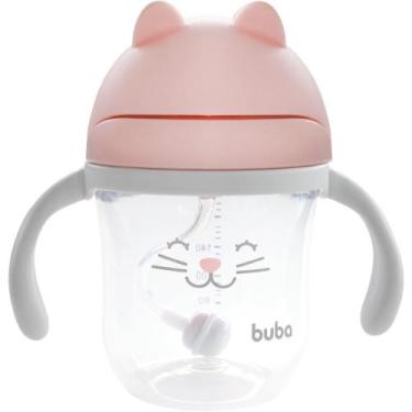 Imagem de Copo Infantil Buba Gatinho Rosa 220ml Com Canudo Silicone e Dispositiv