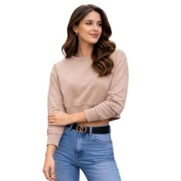 Imagem de Blusa Cropped Moletom Manga Longa Canelada Básica Feminina Lunender 00083 Bege-Feminino