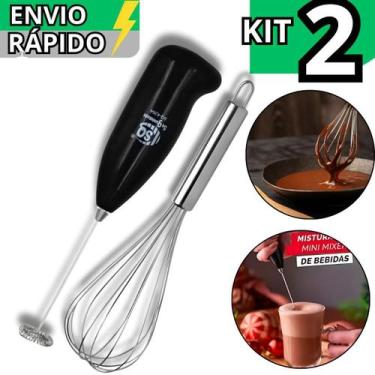 Imagem de Kit Fouet Inox Batedor de Ovos e Mixer Automático Misturador de Bebida