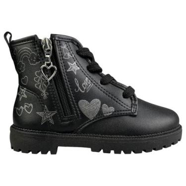 Imagem de Bota Coturno Infantil Menina Molekinha Estampada Zíper Coração Preta C