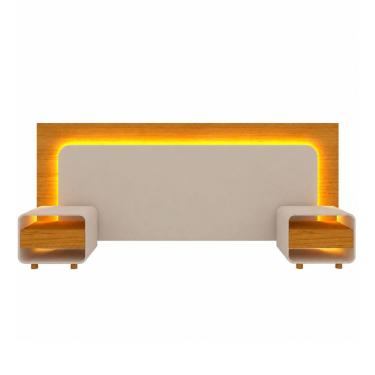 Imagem de Cabeceira Innova Para Cama Box com 2 Mesas de Cabeceira e com Led Off White com Naturale - Gelius