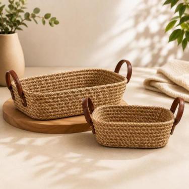 Imagem de Cesto de Fibra Natural Mocca 33cm Organizador Retangular com Alças Mul