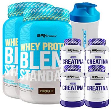Imagem de Kit 2x Whey Protein Blend 900g Chocolate + 4x Creatina Foods 100g + Coqueteleira 600mL - BRNFOODS