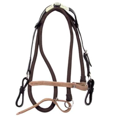 Imagem de Cabeçada e Rédea Para Cavalo Preta Trançada Aplique Zamac Circular Rédea Marrom