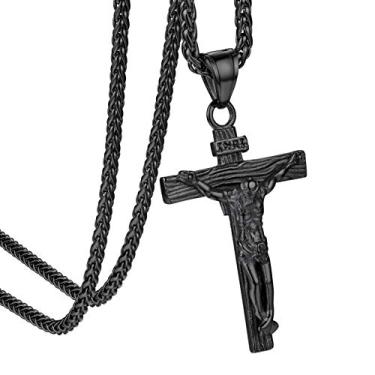 Imagem de GOLDCHIC JEWELRY Cruz INRI Crucifixo personalizado/pingente milagroso de Virgem Maria com corrente, joias cristãs mulheres homens, ouro 18 quilates banhado a ródio preto/colar Jesus