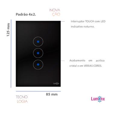Imagem de Interruptor De Luz Touch Tok Glass 3 Botões Preto Lumenx