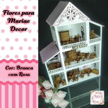 Imagem de Casinha De Boneca Polly Menina + 27 Móveis - Branco Com Rosa - Flores