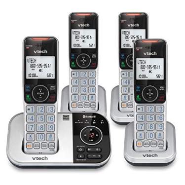 Imagem de vtech Telefone sem fio VS112-4 DECT 6.0 Bluetooth 4 para casa com atendedores, bloqueio de chamadas, identificador de chamadas, interfone e conexão à célula (prata e preto)