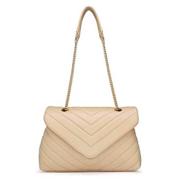 Imagem de PRETTYGARDEN Bolsas Transversais Moda Feminina Leve Alça de Corrente Ajustável Acolchoada Bolsa de Ombro, Caqui
