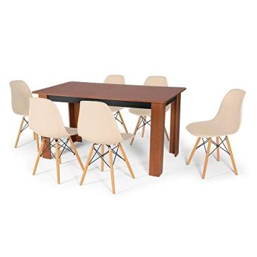 Imagem de Conjunto Mesa de Jantar Retangular Pérola Cherry 150x80cm com 6 Cadeiras Eames Eiffel - Nude