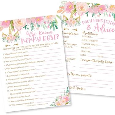 Imagem de Unicórnio Baby Shower Games para meninas – 2 jogos dupla face, 25 Who Knows Mommy Melhor Jogo de Chá de Bebê para Jogar, 25 cartas de previsão e conselhos de bebê, cartões de conselhos de chá de bebê, ideias para chá de bebê