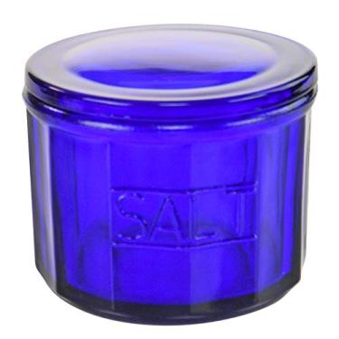 Imagem de HOME-X Adega de sal de vidro azul estilo depressão com tampa, decoração de cozinha retrô, presente de casamento - 8 cm A x 10 cm P