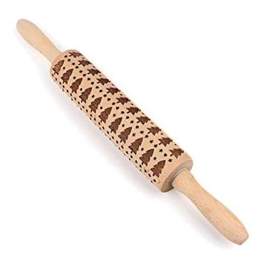 Imagem de Rolo de massa de Natal em relevo, de madeira gravada, rolo estampado com alça símbolos gravados esculpidos para assar fondant biscoitos, massa de bolo, biscoito, ferramenta de cozinha (árvore de Natal, 39 cm)