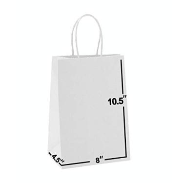 Imagem de Sacos de papel Kraft branco para presente em massa com alças 8 x 4,5 x 10,5. Ideal para compras, embalagem, varejo, festa, artesanato, presentes, casamento, reciclado, negócios, bolsa de mercadorias e de , Branco, 50 Bags