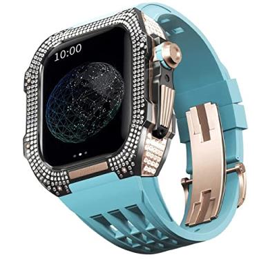 Imagem de KANUZ Kit de modificação de relógio, kit de pulseira de relógio de luxo para Apple Watch 8 Ultra 45mm luxo viton pulseira estojo de titânio para Iwatch 7 8 45mm modificação de atualização (cor: azul 7, tamanho: 45MM)