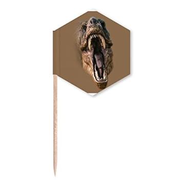 Imagem de Dinossauro Tiranossauro Rex abre boca dentes bandeiras palitos de cupcake festa celebração