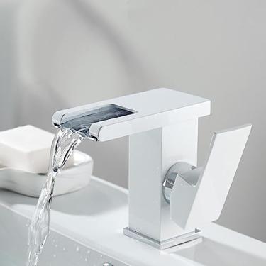 Imagem de Torneira para lavatório de banheiro em cascata Torneira misturadora de banheiro em latão maciço LED Torneira para pia com alça única branca Torneira misturadora para banheiro montada no conv