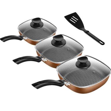 Imagem de Kit 03 Frigideiras Antiaderentes Quadradas Cobre Clear Coat Funda Com Tampa De Vidro Patolux