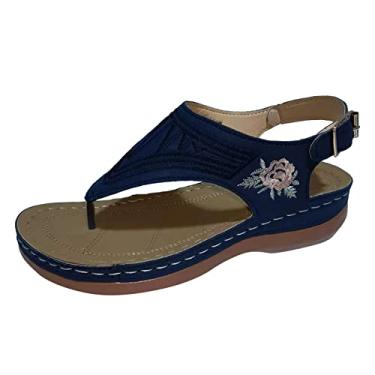 Imagem de Sandálias plataforma de bordado vintage para mulheres comércio exterior tamanho grande clipe dedo do pé sandálias salto inclinado fivela tira sandália anabela (azul-marinho, 8)