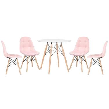 Imagem de Mesa Redonda Eames 80 Cm Branco + 4 Cadeiras Estofadas Eiffel Botonê Rosa Claro Rosa Claro