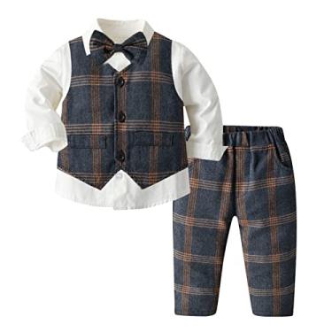Imagem de Conjunto de jaqueta de quatro peças para meninos, camiseta de manga comprida, blusa, colete xadrez, casaco, calça infantil, flores para (C, 5-6 anos)