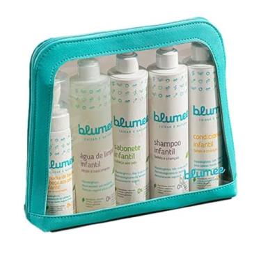 Imagem de Kit Presente Blumee banho Bebê e criânça com necessaire +Sabonete liquído da Cabeça aos Pés 250 ml +Espuma de Banho da Cabeça aos Pés 210 ml + Shampoo Suave 250 ml + Condicionador 250 ml + Água de limpeza corpo, rosto e bumbum 300 ml