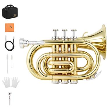 Imagem de Eastar Pocket Trumpet B Flat Brass Bb Pocket Trumpet with Mouthpiece 7C, Cleaning Cloth, Hard Case, Gloves, Full Kit, Gold Lacquer, ETR-330