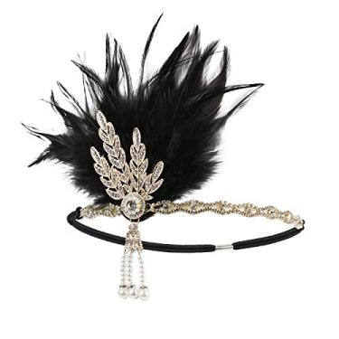Imagem de StarDY Tiara feminina vintage melindrosa margarida Buchanan fantasia grande Gatsby Leaf tiara tiara acessório de cabelo 1920 (6068#ouro + preto)