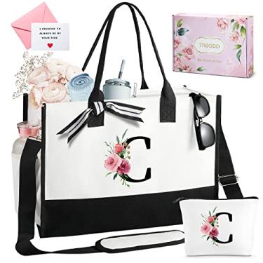 Imagem de Bolsa de praia Can-vas com bolsa de maquiagem, sacola floral para mulheres amigas personalizadas aniversário casamento dama de honra presentes de chá de noiva com bolso lateral, alça de ombro, bolso interno, cartão, caixa de presente C