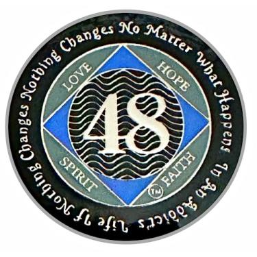 Imagem de (Anos 1-55) Medalhão NA de 48 anos, prata, cor azul, moeda coberta com epóxi Narcóticos Anônimos (NA 48 anos)