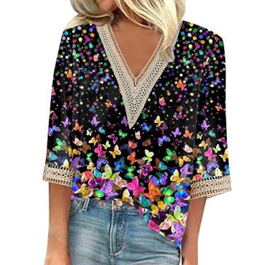 Imagem de Camisetas femininas de verão manga 3/4 com decote em V floral 2024, camisetas femininas casuais com acabamento em renda, blusas femininas elegantes e casuais, Multicolorido 80, 3G