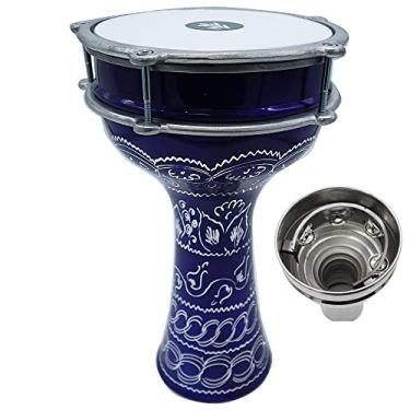 Imagem de ZAZA Percussion Darbuka de alumínio de 40 cm de comprimento, cabeça sintética sintonizável de 20 cm e jingles internos Doumbek (azul escuro)