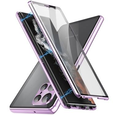 Imagem de YEXIONGYAN Capa magnética para Samsung Galaxy S24 Ultra/S24 Plus/S24 Plus/S24 capa de telefone de vidro temperado transparente dupla face com protetor de câmera à prova de choque de alumínio com trava